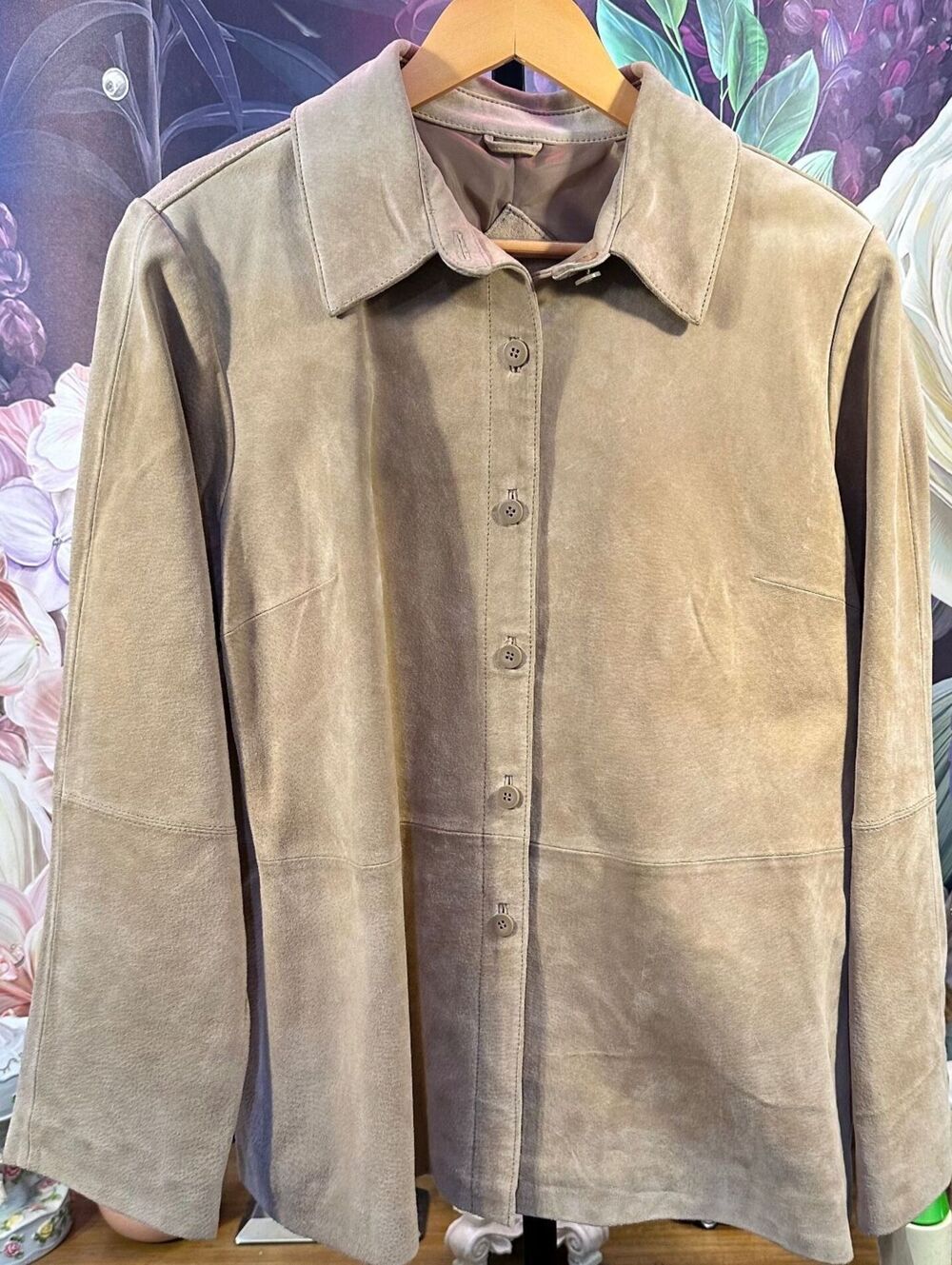Massini L Genuine Leather Shirt Jacket Button Front Classic Minimalist Taupe NWT